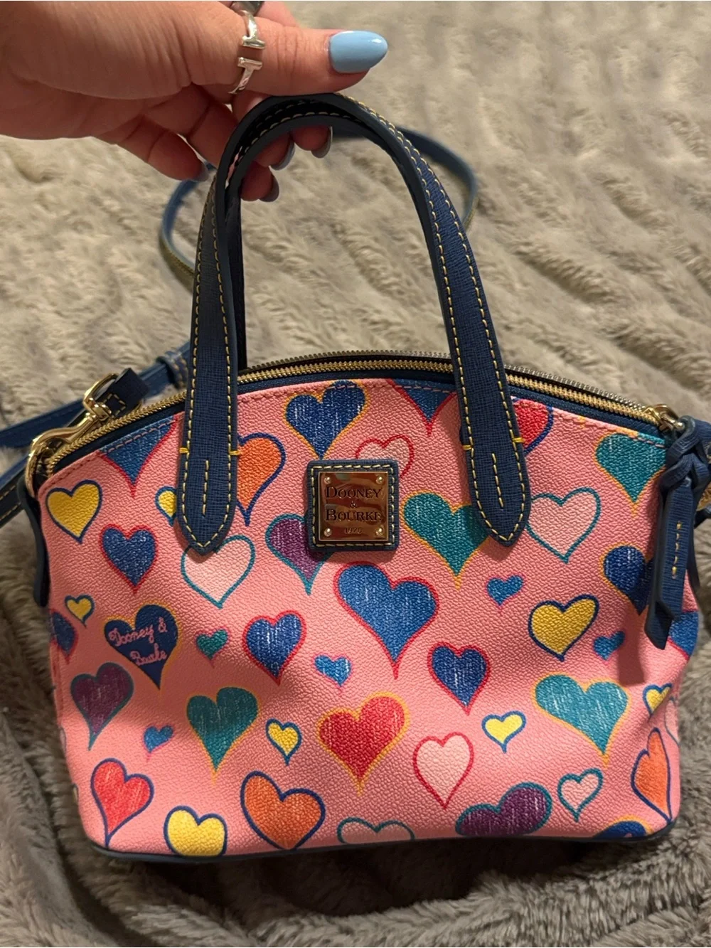 Dooney & Bourke Pink Heart Print Mini Satchel with Blue Trim - Picture 8 of 8
